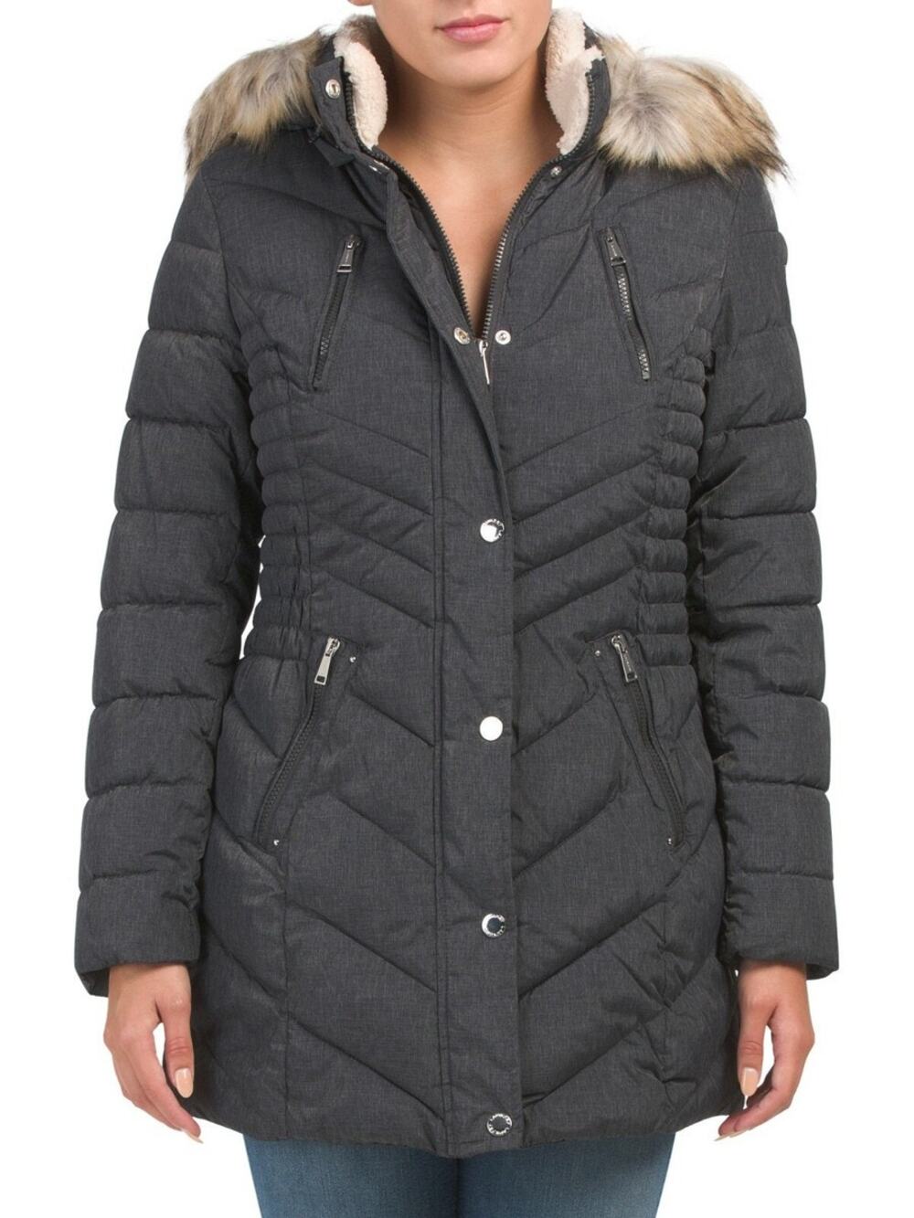Laundry by Shelli Segal Faux-Fur Trim Hood Gray Tan Puffer Coat Size Small
